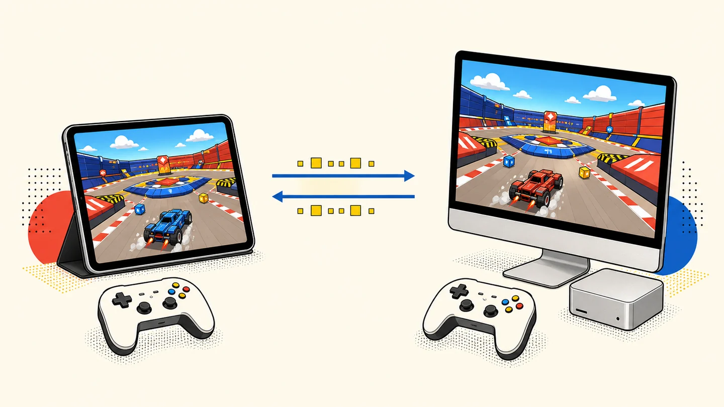 Une tablette et un ordinateur affichent localement le jeu tout en échangeant les données natives entre bornes