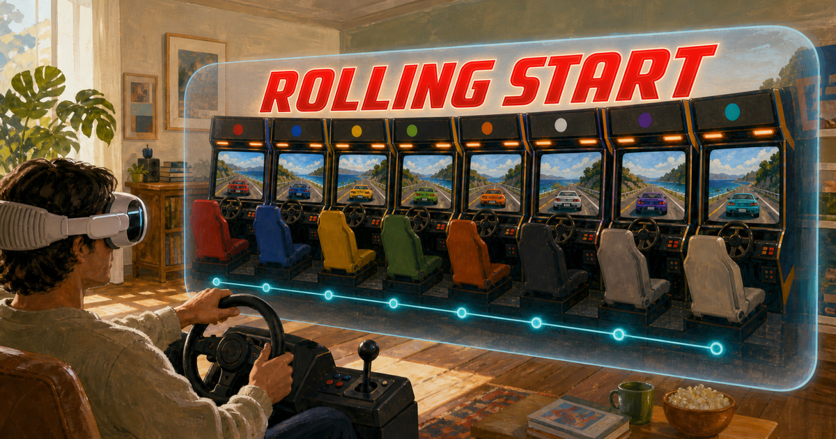 A player wearing Apple Vision Pro faces eight original linked racing cabinets connected by a local network