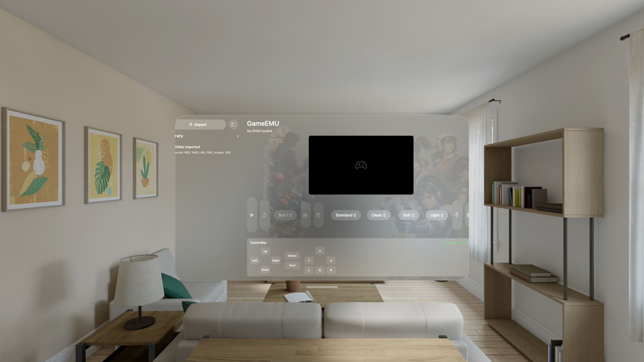 SpatialEMU running as a translucent Vision Pro app window in a living room